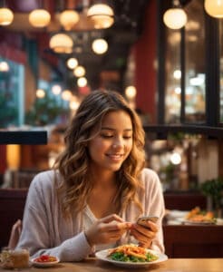 A woman looking at her phone while eating a salad in a restaurant.