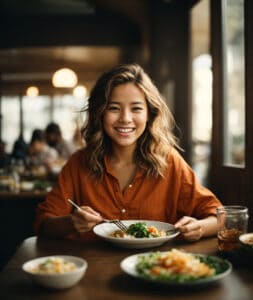 Asian woman eating a bowl of salad in a restaurant.