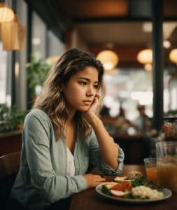 A young woman sitting at a table with a plate of food.