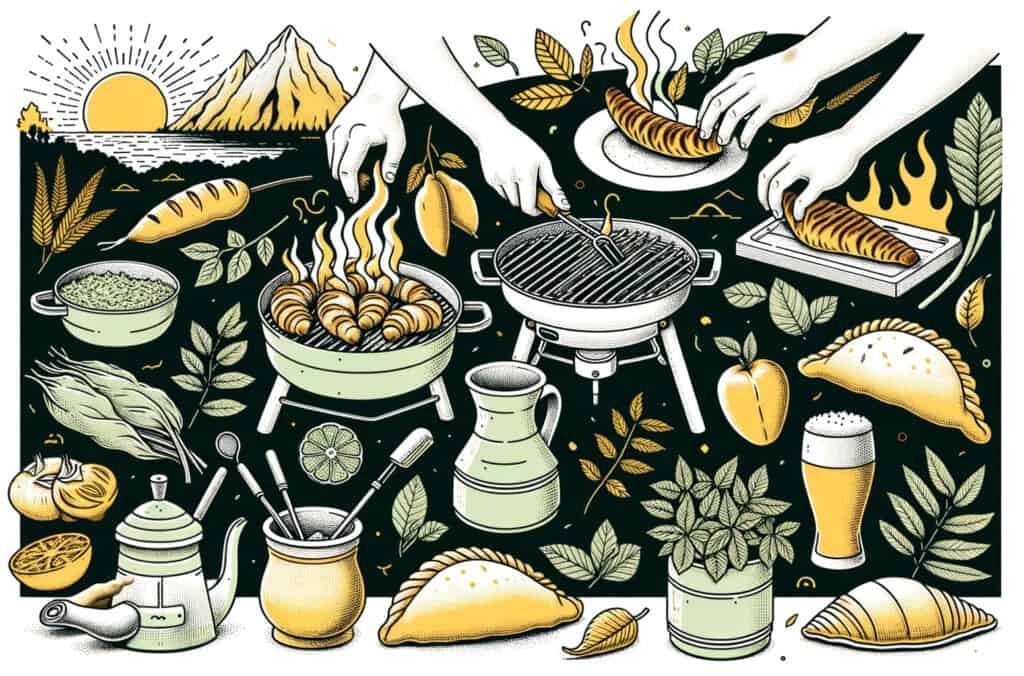 A hand drawn illustration of people grilling food on a grill.