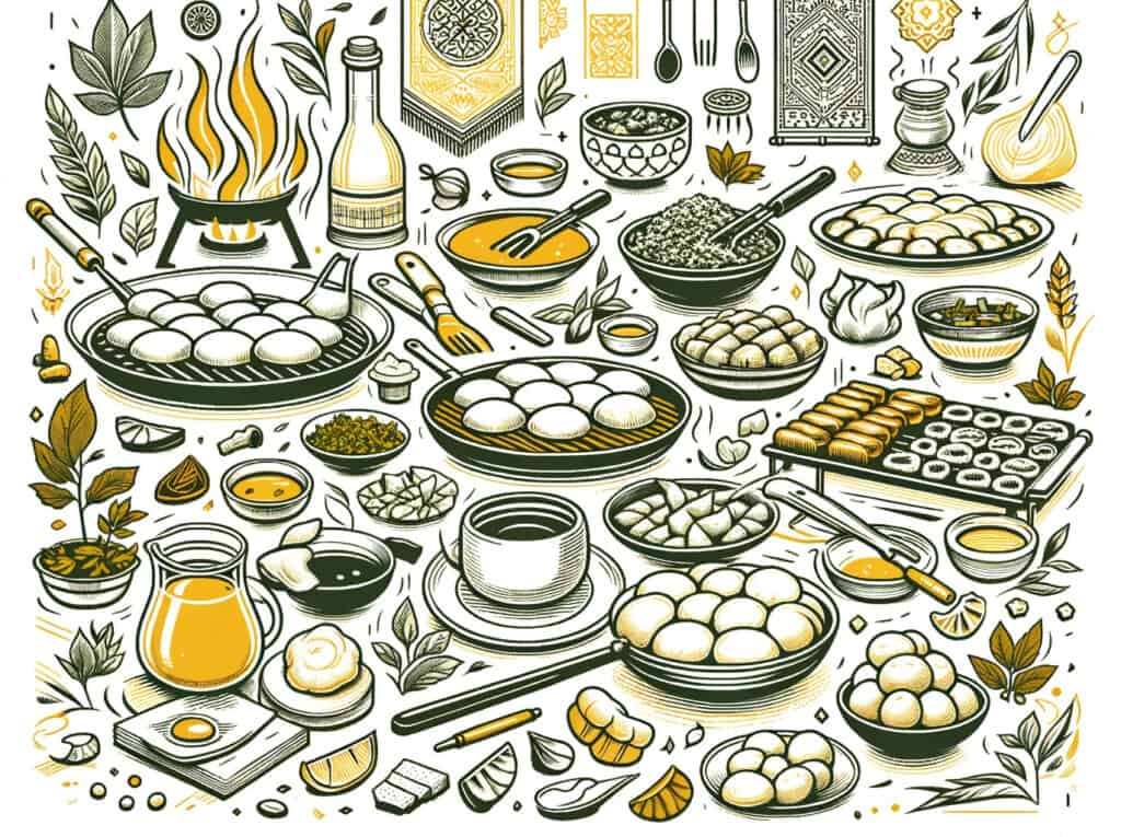 A set of Armenian food in a hand drawn style.