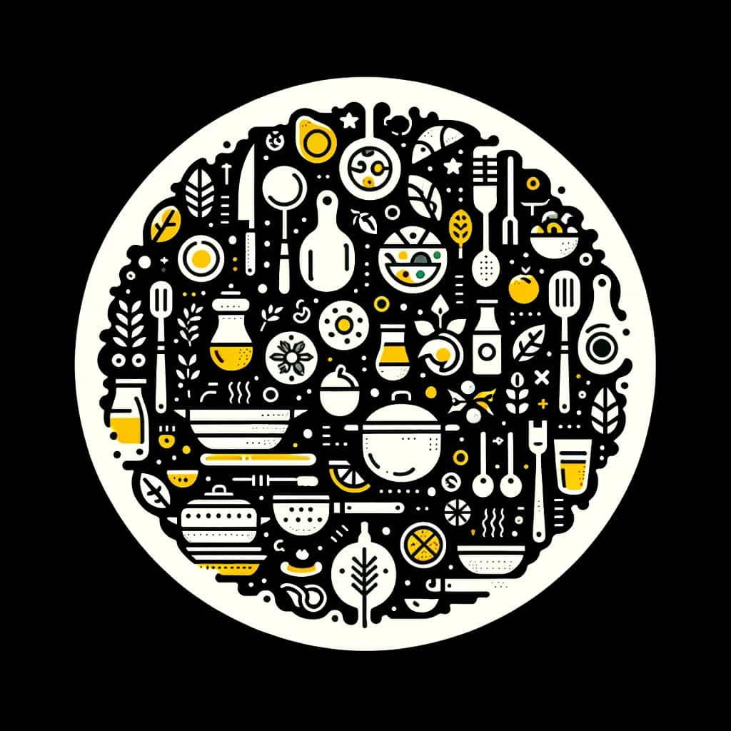 A black and white illustration of a circle with various cooking utensils.