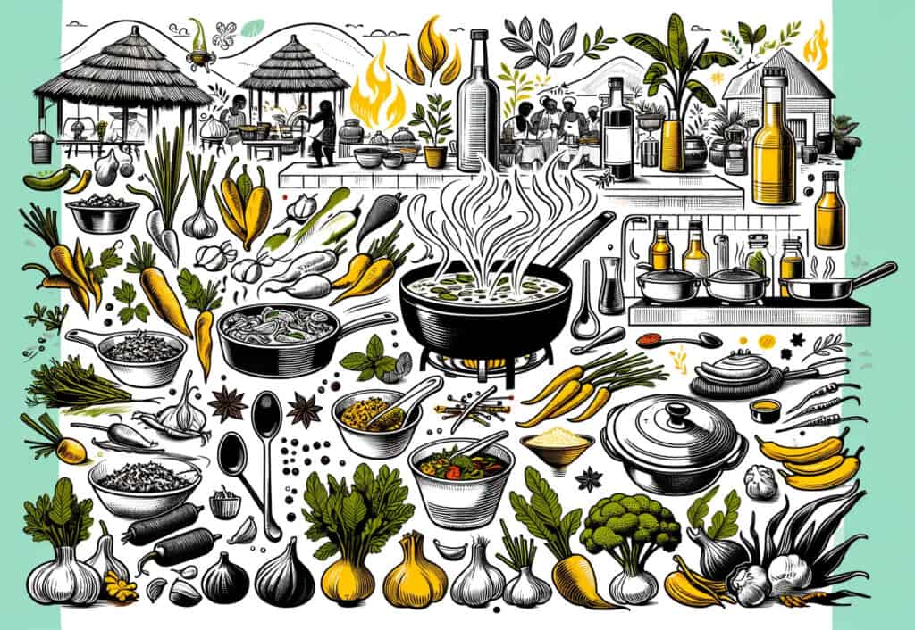 A black and white illustration of various food items.