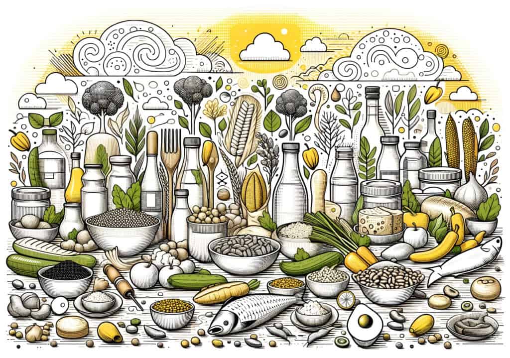 A hand drawn illustration of various food items.