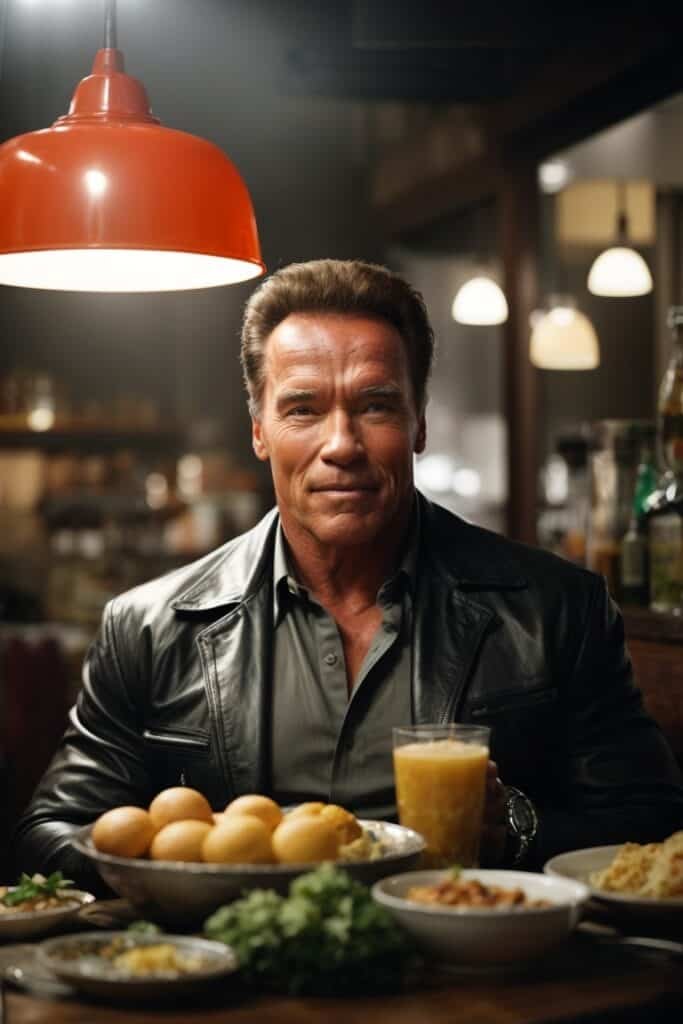 Arnold Schwarzenegger sits at a table, enjoying a meal with food and a glass of juice.