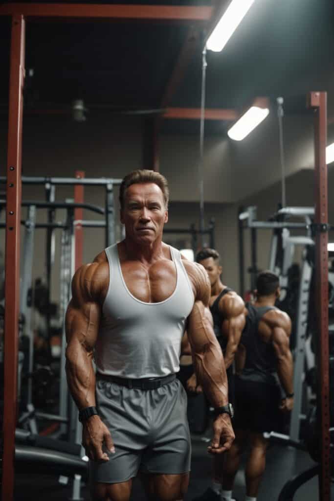 Arnold Schwarzenegger pumping iron in the gym.