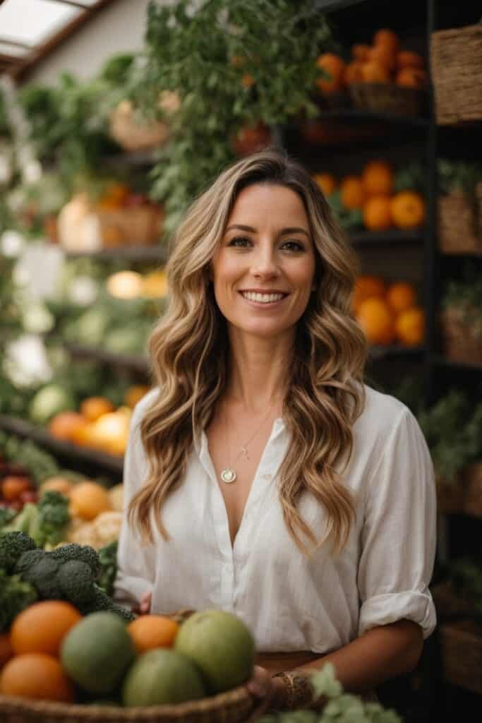 A woman standing in front of a bunch of fruits and vegetables.