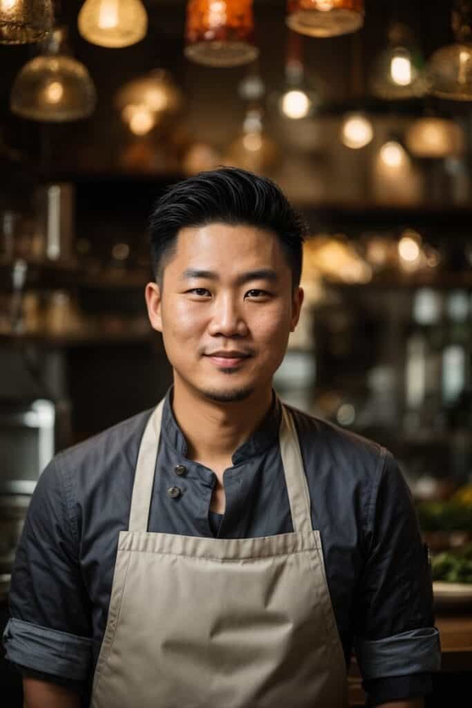 An asian chef standing in front of a kitchen.