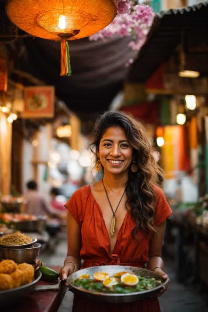 A woman holding a plate of food in an outdoor market.