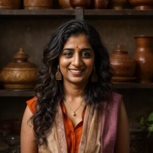 An indian woman standing in front of a shelf full of pots.