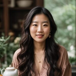 Asian woman holding a tea pot in front of a window.