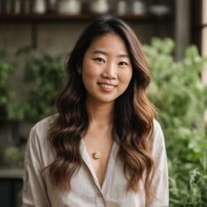 An asian woman smiling in front of a potted plant.