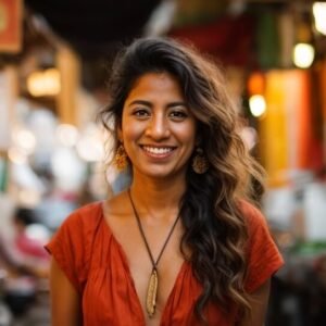 An indian woman smiling in a market.