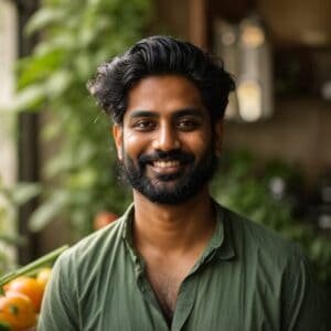 An indian man smiling in front of a kitchen full of vegetables.