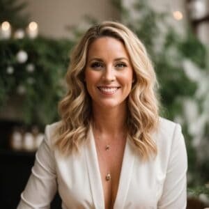 A blonde woman in a white suit smiling at a table.