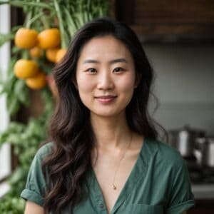 An asian woman standing in front of a kitchen full of oranges.