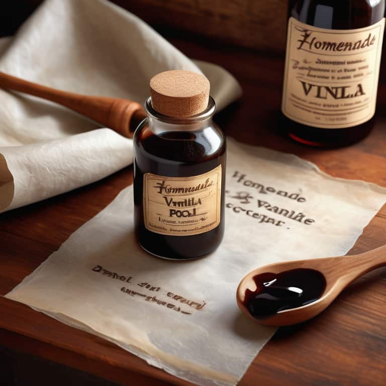 A bottle of homemade vanilla extract on a wooden surface with a spoonful of the extract nearby. I'm sorry, but you didn't provide a specific description for me to analyze further. Could you please