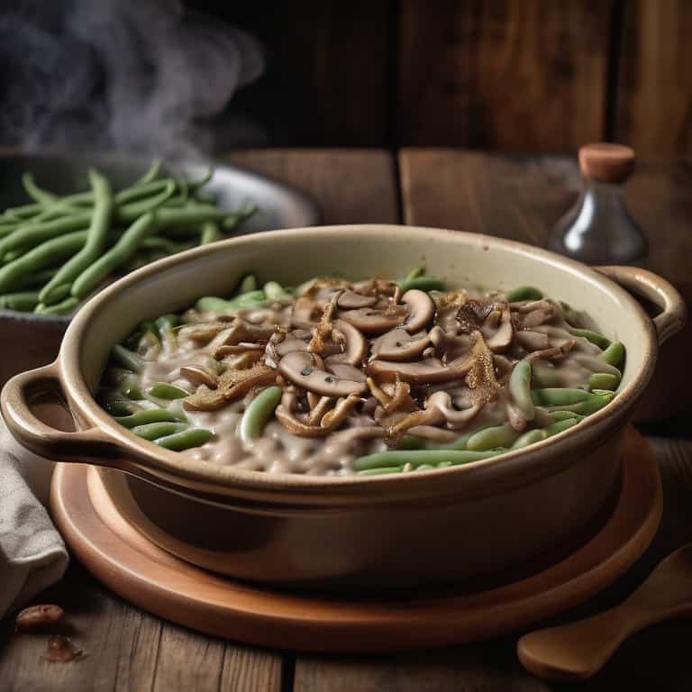 Steaming green bean casserole with a golden crust on a rustic table, surrounded by ingredients.
