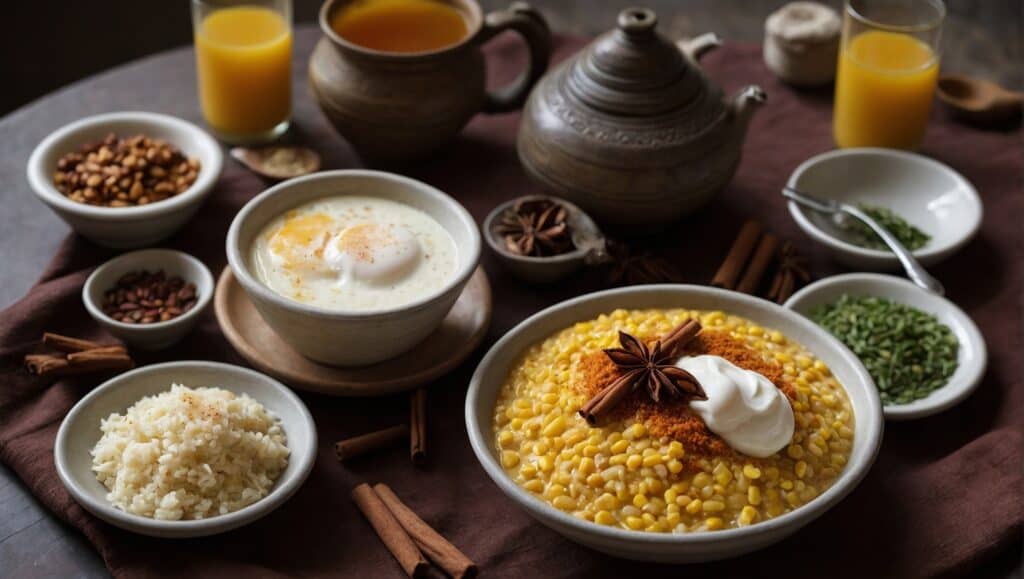 A traditional Haitian breakfast spread featuring a bowl of lentils with an egg, rice, various spices, nuts, and two glasses of orange juice on a rustic wooden table.