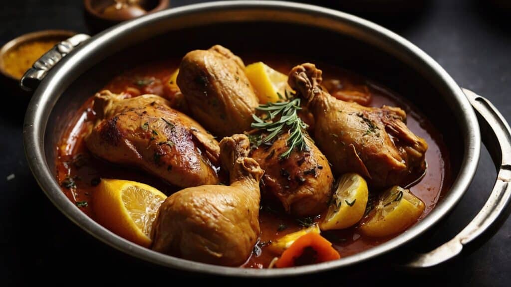A dish of braised chicken legs with herbs, lemon slices, and bell peppers in a savory tomato sauce, cooked using essential tagine techniques and served in a metal skillet.
