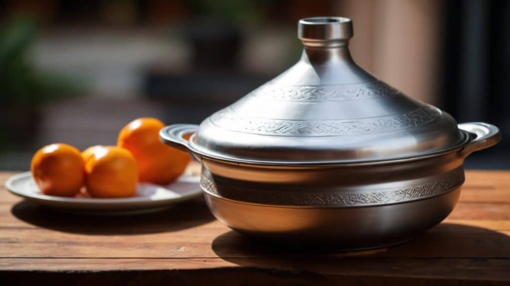 Essential Tagine and a plate of oranges on a wooden table, highlighted by natural light.