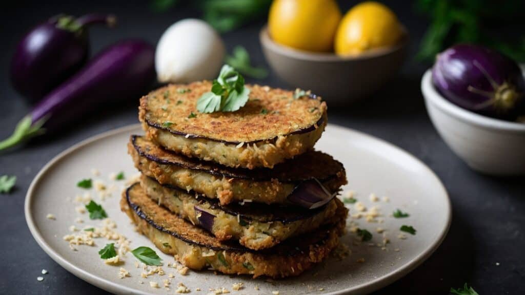 A stack of crispy eggplant fritters garnished with basil on a plate, surrounded by fresh vegetables and lemons, inspired by Argentine cuisine.