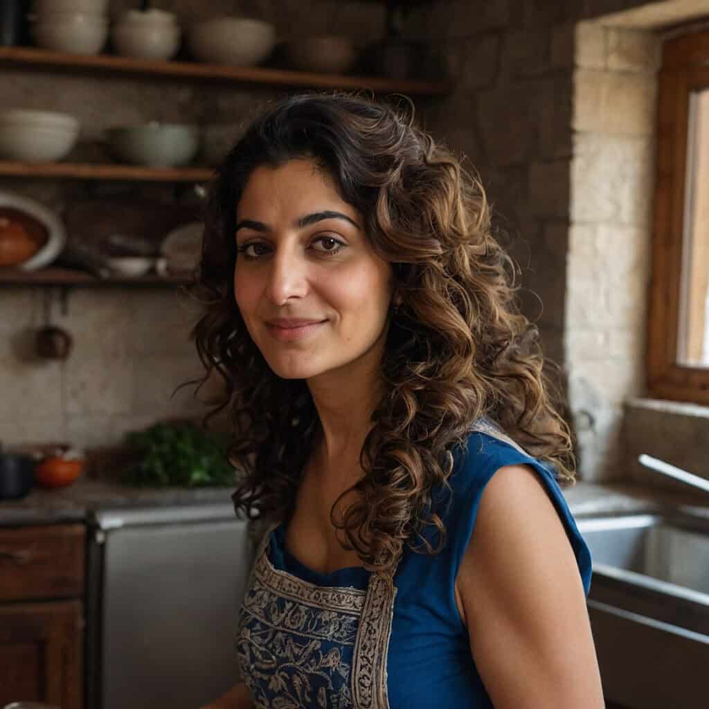 A woman with curly hair smiling in a kitchen, wearing a blue top. Shelves with bowls and traditional Armenian kitchen utensils are visible in the background.