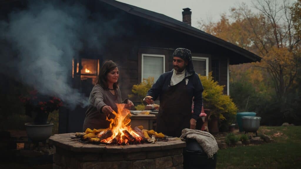 A woman and a man cook food over an open fire pit outside a rustic cabin, surrounded by autumn foliage, embracing the tradition of outdoor cooking.