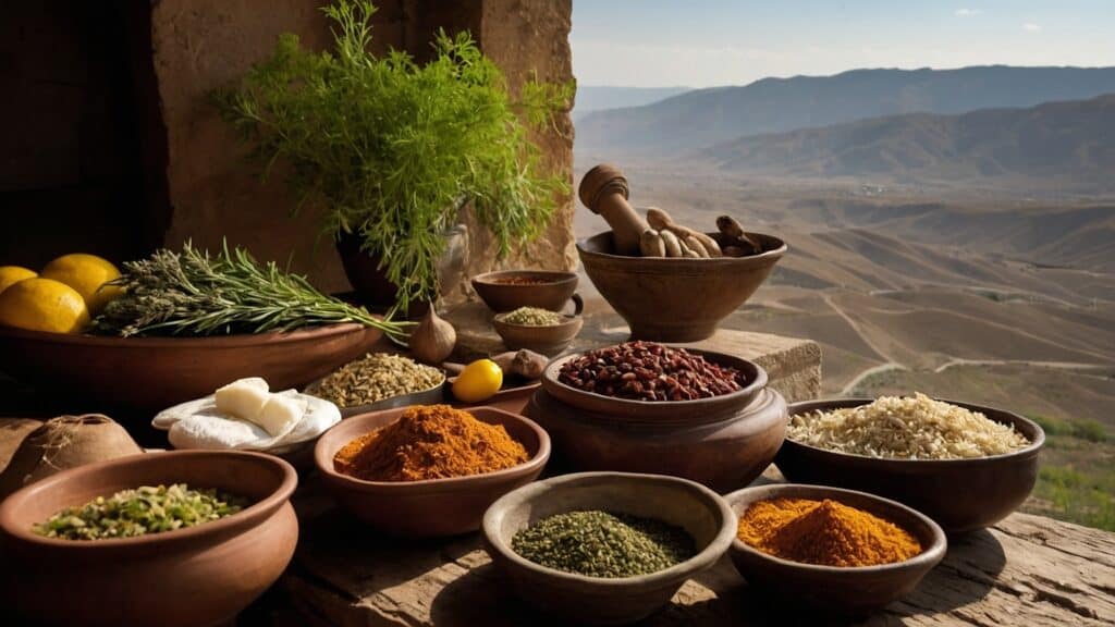 A variety of spices and fresh ingredients displayed in earthen bowls on a wooden table, overlooking a scenic valley, capturing the essence of Armenian tradition.