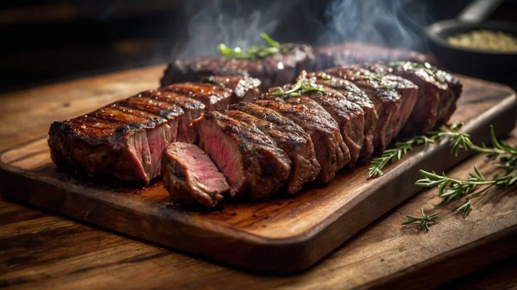 Sliced grilled steak on a wooden cutting board with rosemary, emitting steam, prepared in the traditional Argentine asado style.