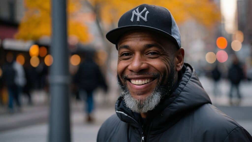 A smiling bodybuilder wearing a New York Yankees cap on a city street with autumn trees and blurred pedestrians in the background.