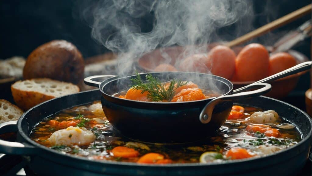 A boiling pot of soup with steam rising from it.