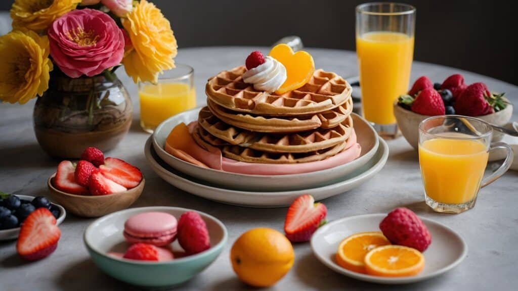 A breakfast table set to celebrate Mother's Day, with stacked waffles topped with cream and fruit, surrounded by glasses of orange juice, bowls of berries, and fresh flowers.