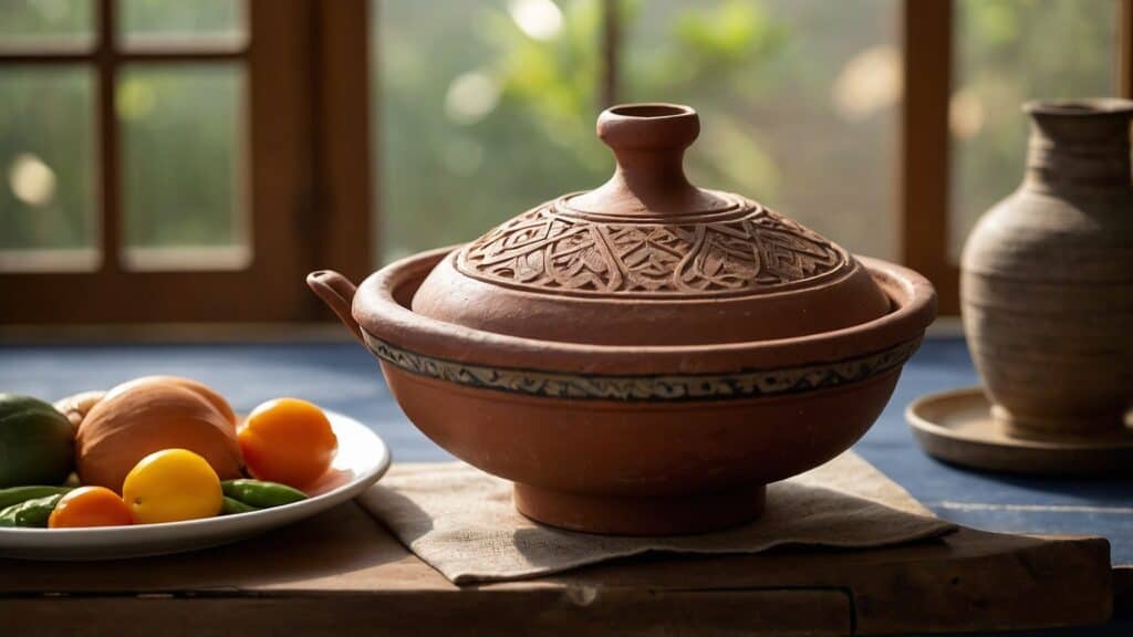 A traditional clay pot, essential for Tagine cooking, with intricate designs next to a plate of colorful vegetables on a wooden table, with a window in the background.