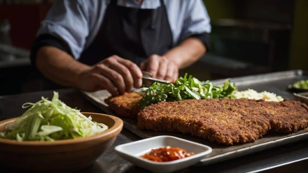 Chef preparing a large schnitzel with fresh garnishes on a wooden tabletop, focusing on adding arugula, with bowls of vegetables and Asado sauce nearby.