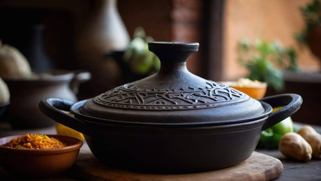A traditional Moroccan tagine pot, essential for tagine cooking, rests on a wooden table, surrounded by ingredients like garlic and a bowl of couscous.