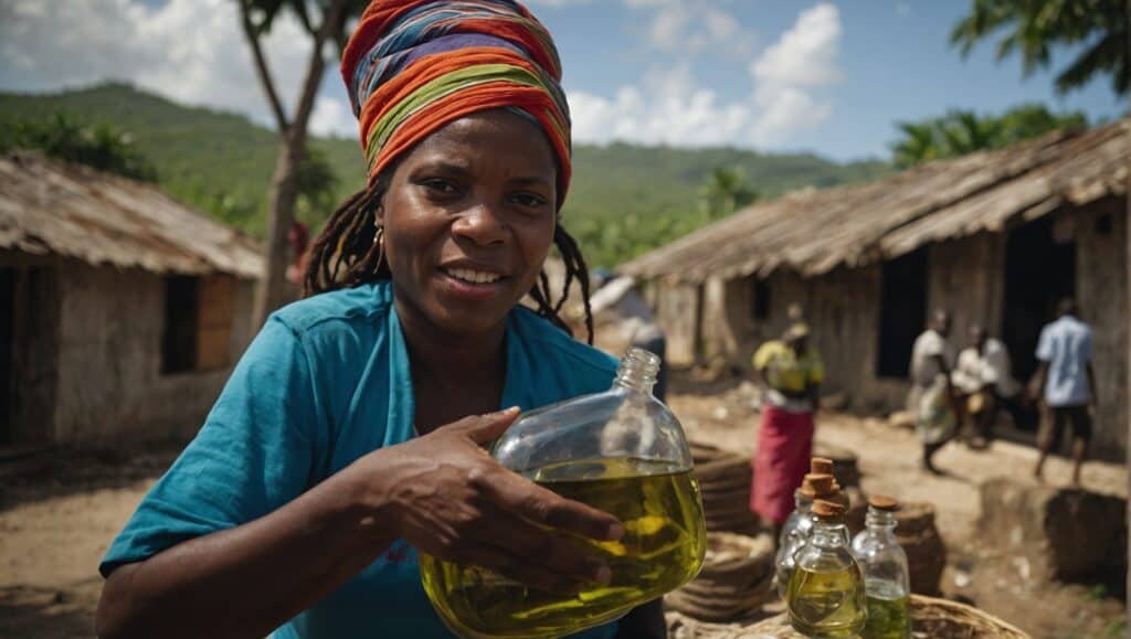 A woman in a colorful headscarf smiles while holding a large glass jug of Clairin, with rustic huts and people in the background, embodying the Taste of Home in Haitian culinary settings.