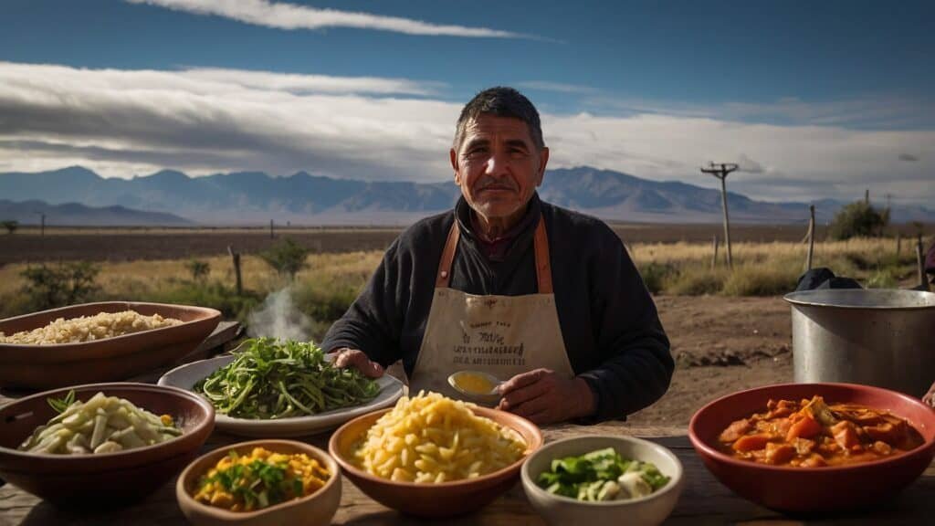 A man in an apron sits at a table with bowls of colorful vegetables, preparing for an asado, with mountains in the background.