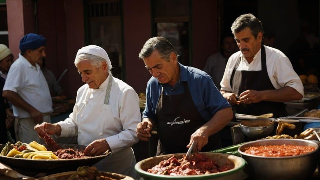 Three male chefs at an outdoor market preparing Asado with various dishes and ingredients, in a busy kitchen environment.