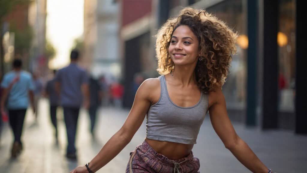 A joyful woman with curly hair walking on a busy street, smiling towards the camera after choosing her dancers' balanced meal.