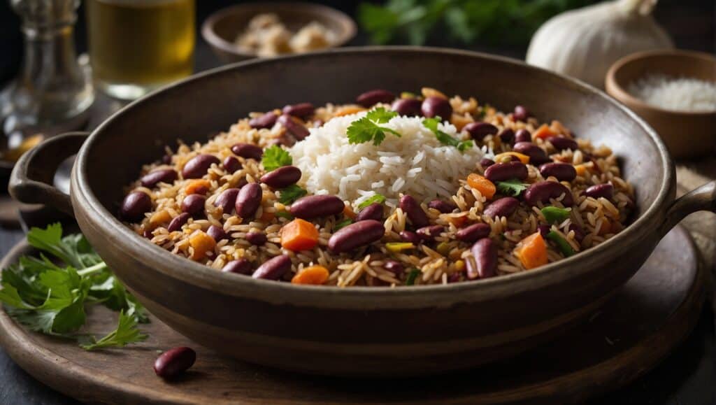 A bowl of rice with red beans, almonds, and carrots, inspired by Haitian cuisine, garnished with fresh parsley on a rustic table with ingredients around.