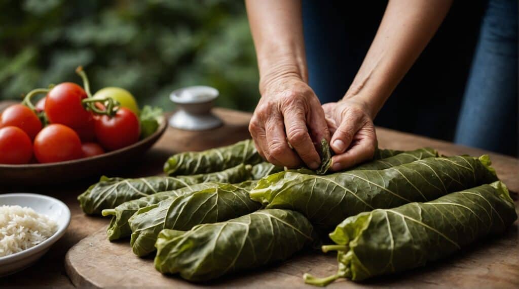 An individual preparing stuffed grape leaves on a wooden cutting board, featuring the flavors of Armenian cuisine and surrounded by tomatoes and rice.