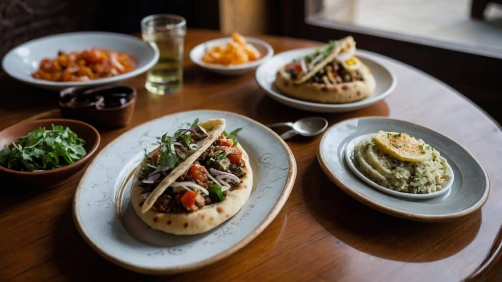 A variety of traditional dishes on a wooden table, including flatbreads with toppings, a plate of gnocchi, and a side of risotto, next to beverages.