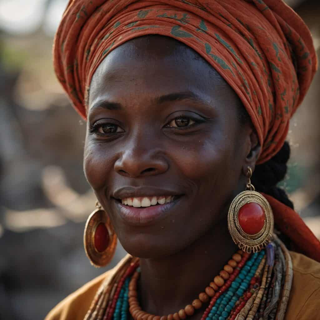 A smiling woman with dark skin wearing a vibrant orange headwrap and colorful bead necklaces, typical of Haitian culinary style, complemented by large circular earrings.