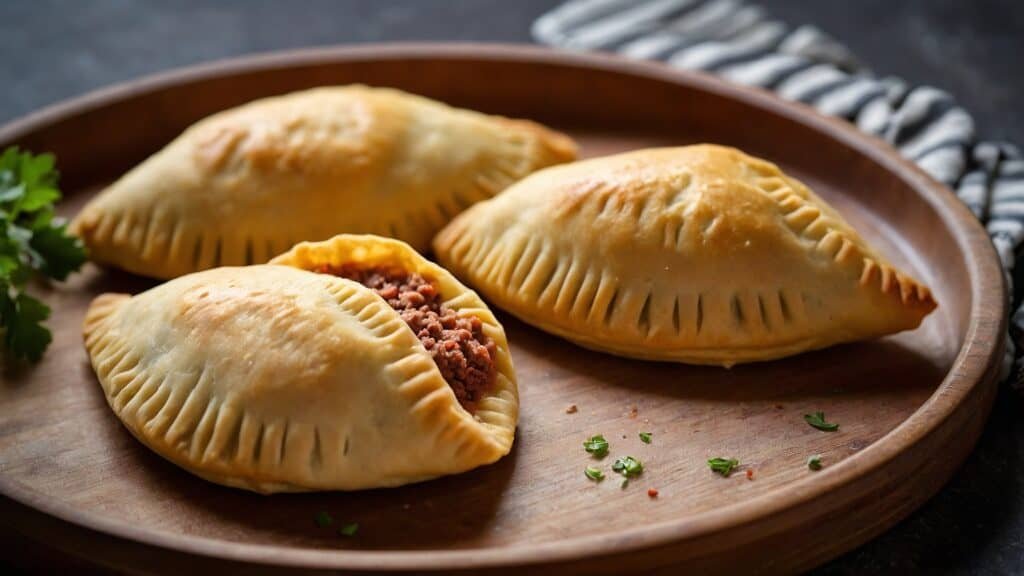 Three meat-filled empanadas inspired by Argentine cuisine on a wooden plate, with decorative pastry edges and sprinkled parsley.