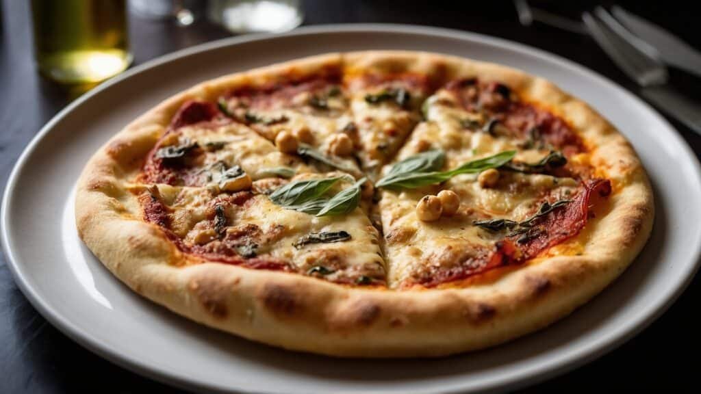 A freshly baked pizza topped with mozzarella, basil leaves, chickpeas, and slices of red bell pepper, served on a white plate in the style of Argentine cuisine.