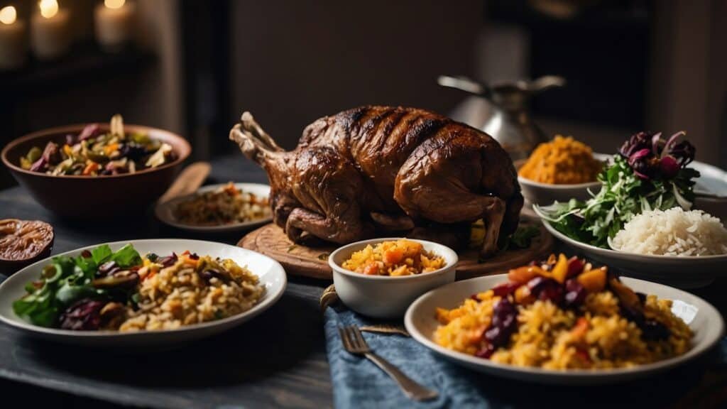 A festive dinner table celebrating Eid al-Adha, showcasing a roasted turkey in the center, surrounded by assorted dishes including salads, rice, and vegetables, all under warm lighting.