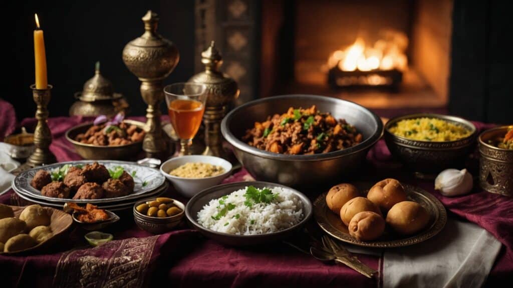 A traditional Indian feast celebrating the Islamic holiday Eid al-Adha, with various dishes including curries, rice, and bread, elegantly displayed on a table with lit candles and a fireplace in the