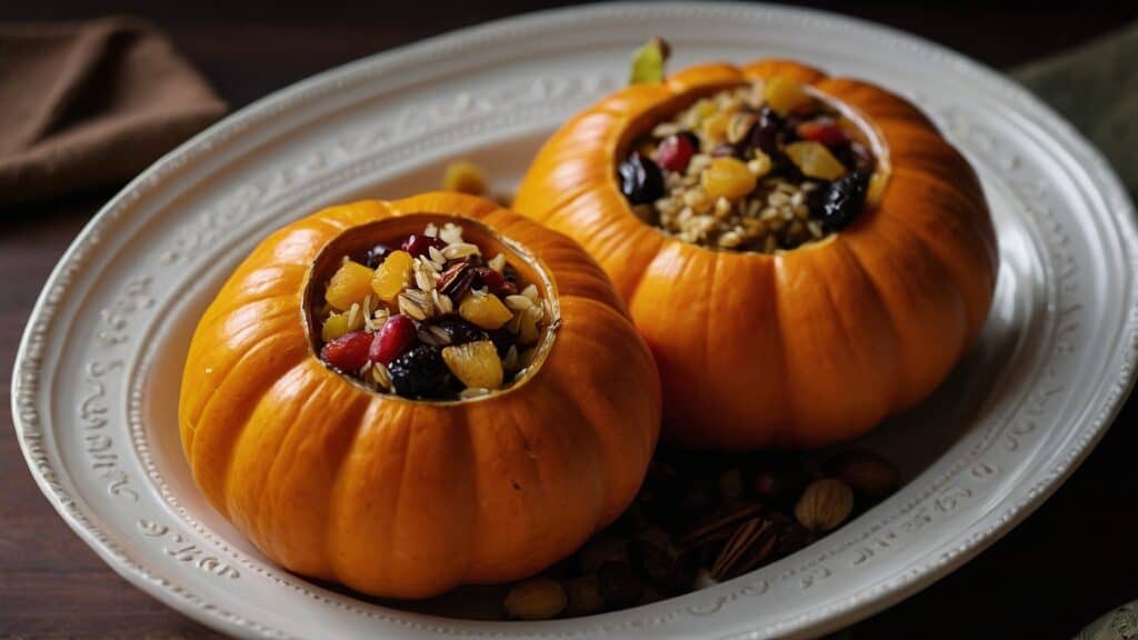 Two pumpkins filled with a mixture of nuts, grains, and dried Armenian fruits, served on an ornate white plate.