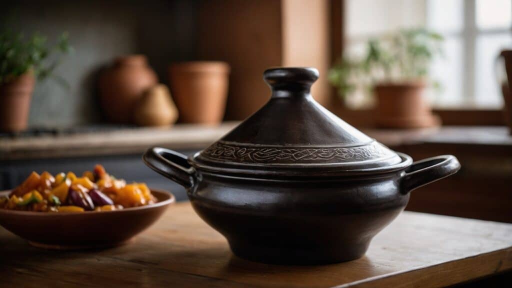 A traditional ceramic tagine with intricate designs on a wooden table, featuring essential tagine cooking techniques, next to a bowl of chopped vegetables.